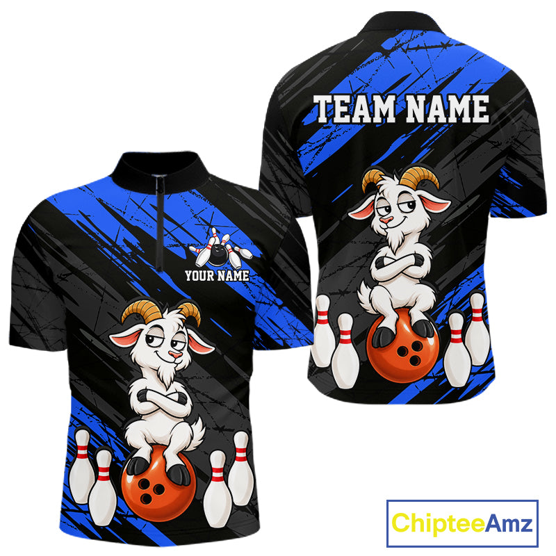 Blue Funny Goat Custom Bowling Team Shirts for Bowler Bowling Jerseys for Men Bowling League HNT565