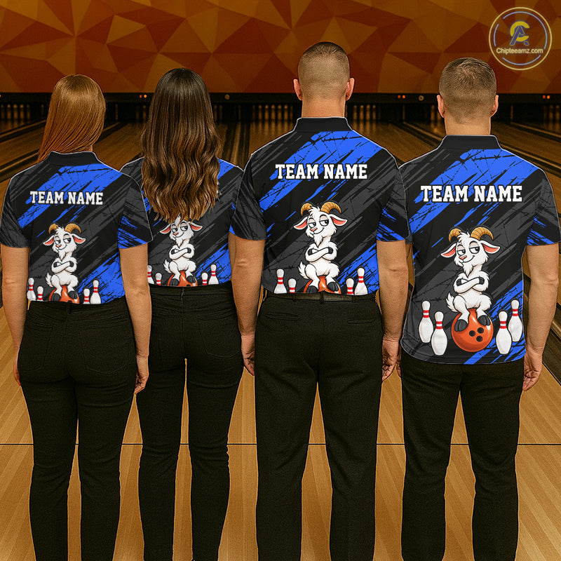 Blue Funny Goat Custom Bowling Team Shirts for Bowler Bowling Jerseys for Men Bowling League HNT565