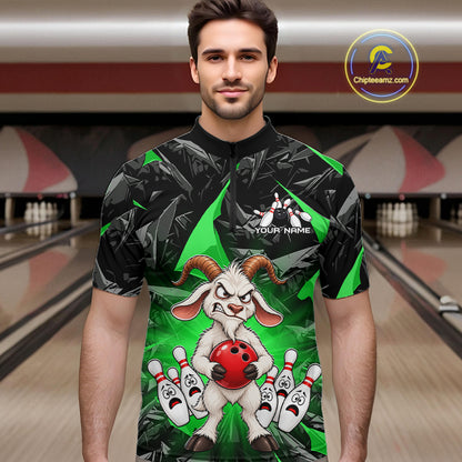 Custom Green Funny Goat Bowling Team Shirts Bowling Jerseys for Men Bowling League with Team HNT566
