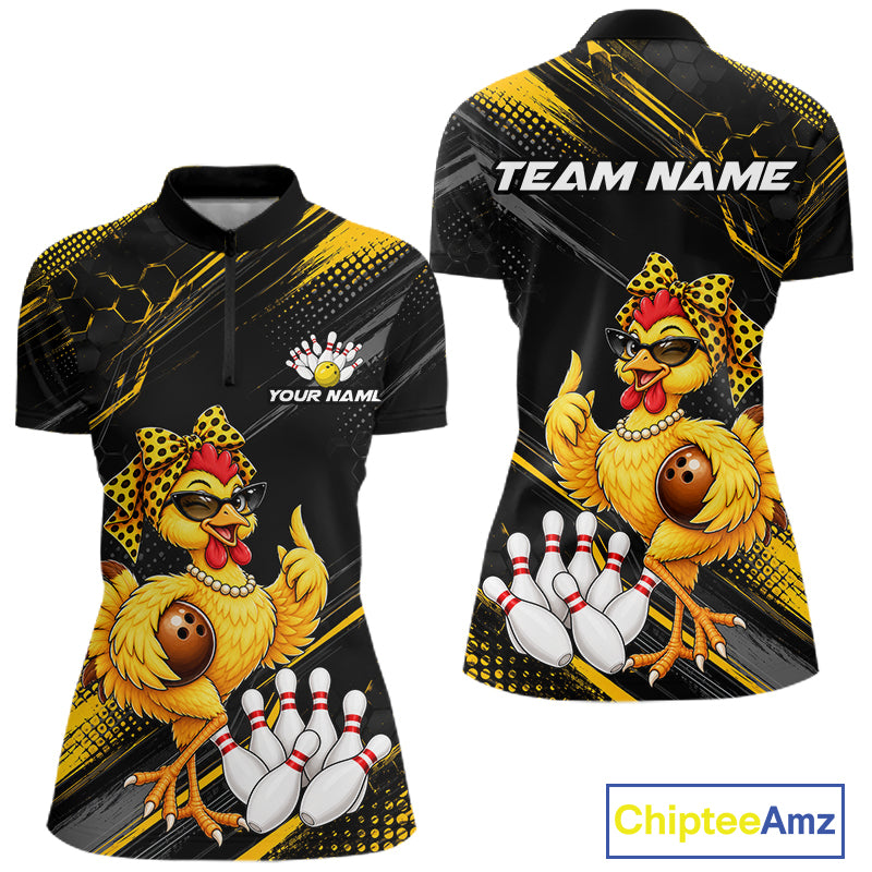 Custom Funny Chicken Bowling Jersey for Women Bowling Team Shirts Bowling Gifts Polo &1/4 Zip HNT568