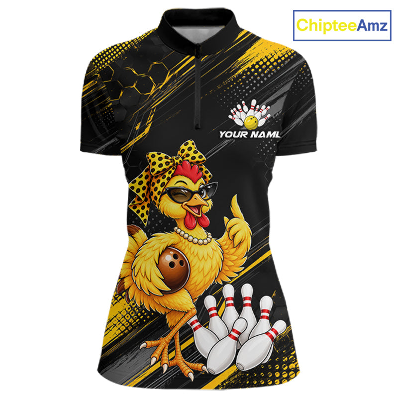 Custom Funny Chicken Bowling Jersey for Women Bowling Team Shirts Bowling Gifts Polo &1/4 Zip HNT568