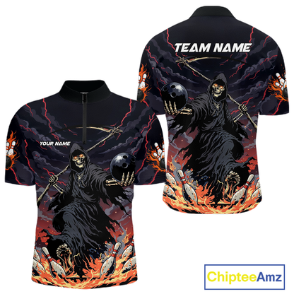 Custom Grim Reaper Flame Bowling Jersey for Men Bowling Team Shirts Polo & 1/4 Zip HNT193