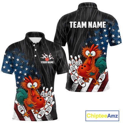 Custom American Flag Funny Chicken Bowling Jersey for Men Bowling Team Shirts Polo & 1/4 Zip HNT475