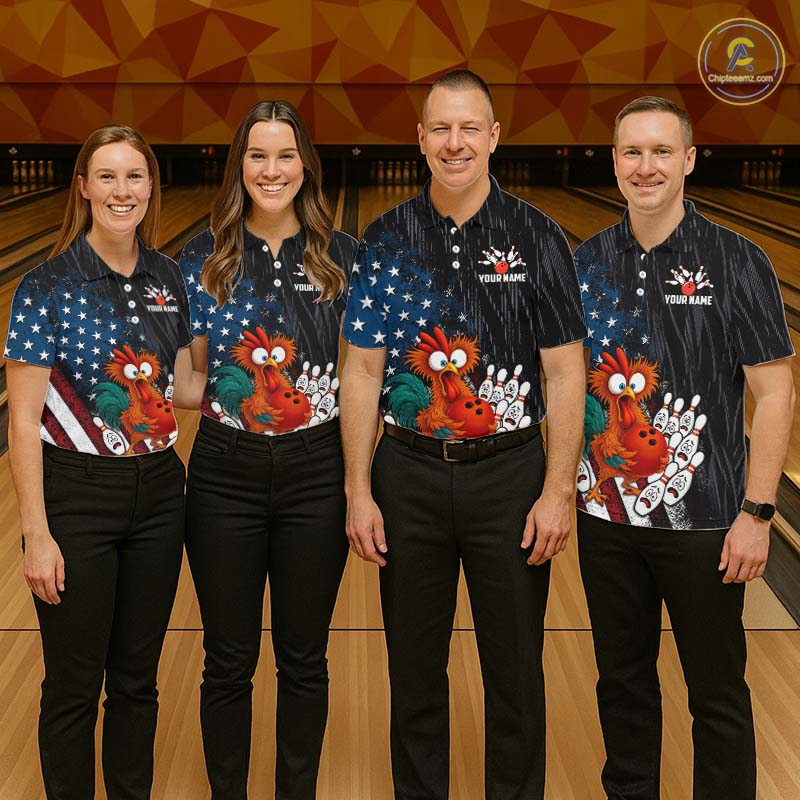 Custom American Flag Funny Chicken Bowling Jersey for Women Bowling Team Shirts Polo & 1/4 Zip HNT475