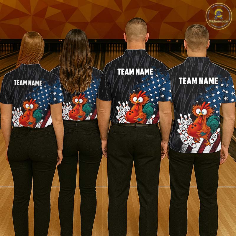 Custom American Flag Funny Chicken Bowling Jersey for Men Bowling Team Shirts Polo & 1/4 Zip HNT475