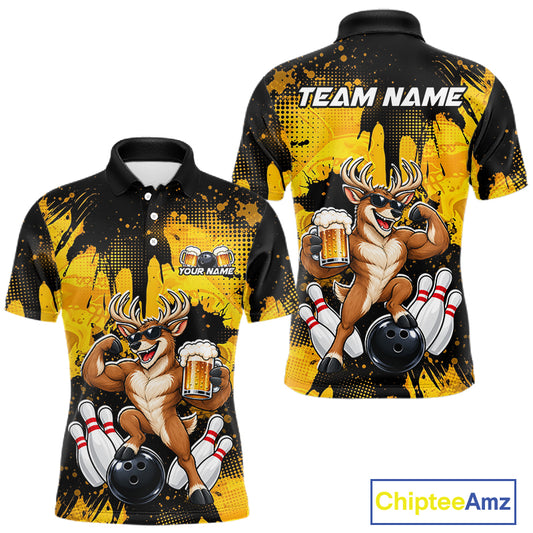 Custom Funny Deer With Beer Bowling Team Shirts for Men Bowling Outfit Polo & 1/4 Zip HNT571