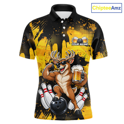 Custom Funny Deer With Beer Bowling Team Shirts for Men Bowling Outfit Polo & 1/4 Zip HNT571