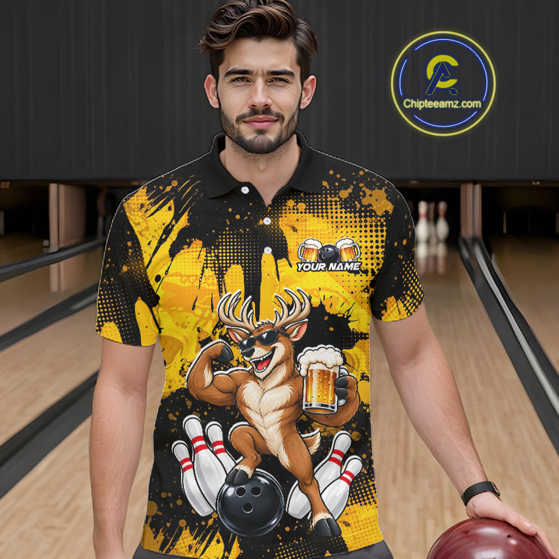Custom Funny Deer With Beer Bowling Team Shirts for Men Bowling Outfit Polo & 1/4 Zip HNT571