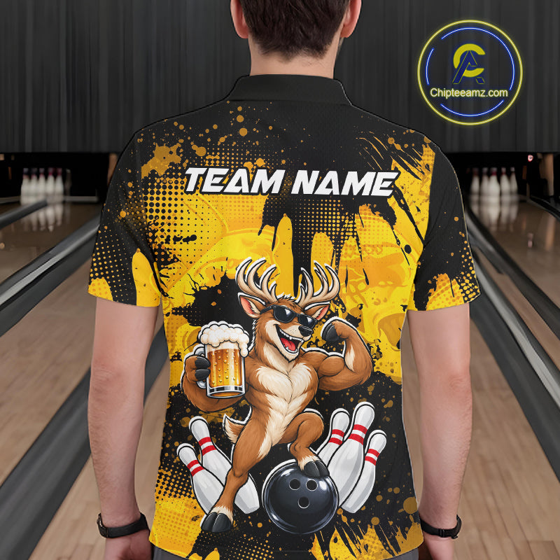 Custom Funny Deer With Beer Bowling Team Shirts for Men Bowling Outfit Polo & 1/4 Zip HNT571