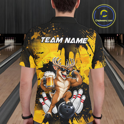 Custom Funny Deer With Beer Bowling Team Shirts for Men Bowling Outfit Polo & 1/4 Zip HNT571