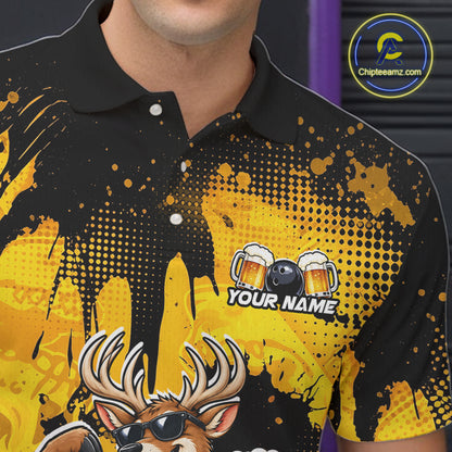Custom Funny Deer With Beer Bowling Team Shirts for Men Bowling Outfit Polo & 1/4 Zip HNT571