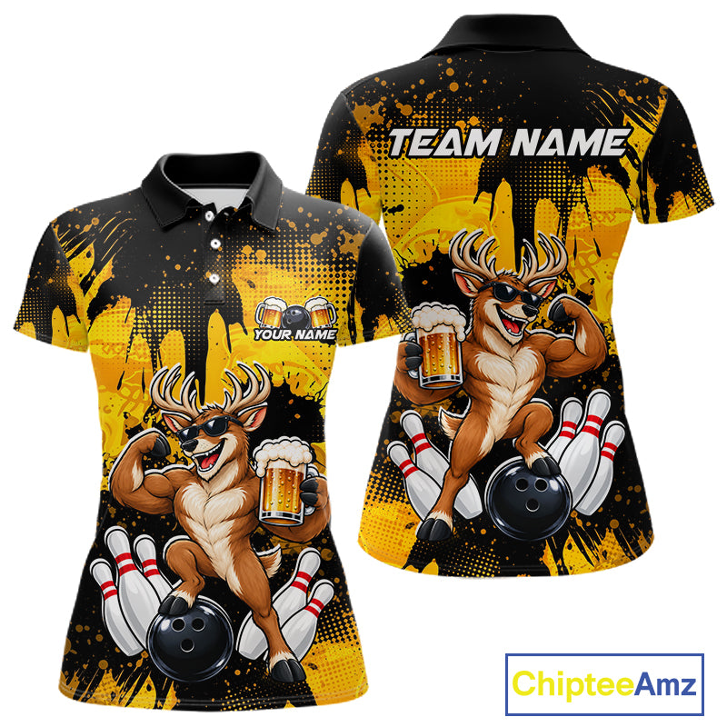 Custom Funny Deer With Beer Bowling Team Shirts for Women Bowling Outfit Polo & 1/4 Zip HNT571