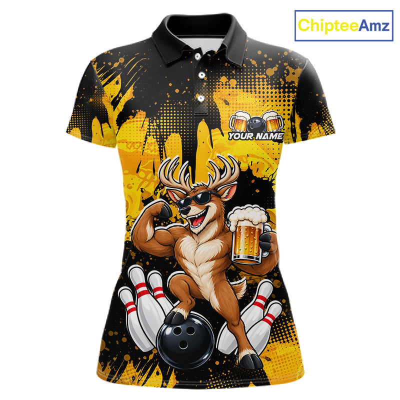 Custom Funny Deer With Beer Bowling Team Shirts for Women Bowling Outfit Polo & 1/4 Zip HNT571