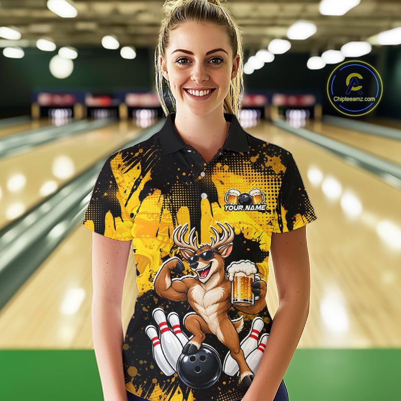 Custom Funny Deer With Beer Bowling Team Shirts for Women Bowling Outfit Polo & 1/4 Zip HNT571