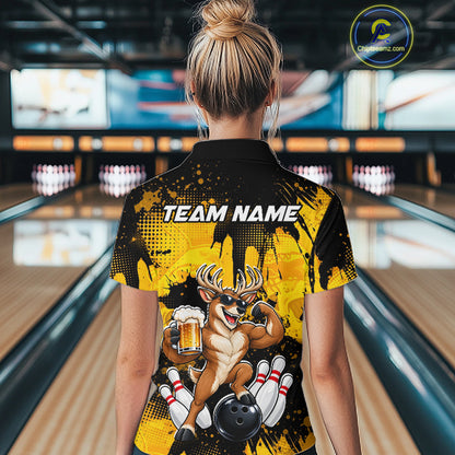 Custom Funny Deer With Beer Bowling Team Shirts for Women Bowling Outfit Polo & 1/4 Zip HNT571