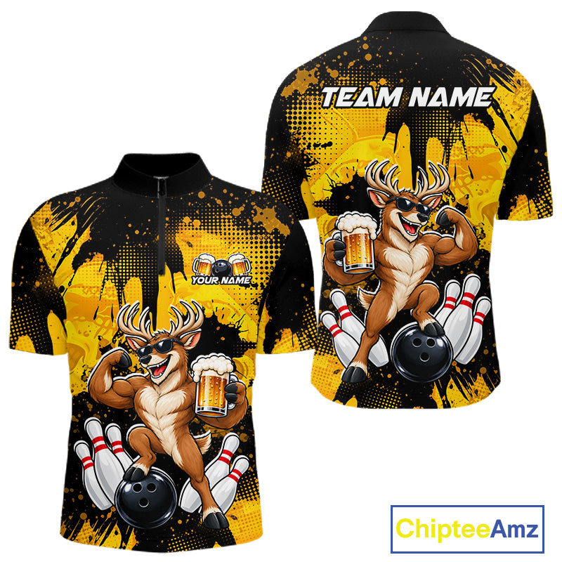 Custom Funny Deer With Beer Bowling Team Shirts for Men Bowling Outfit Polo & 1/4 Zip HNT571