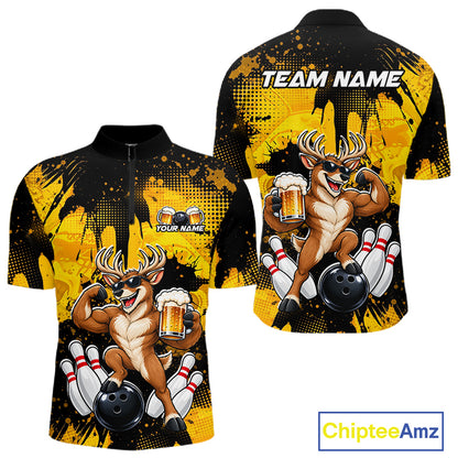Custom Funny Deer With Beer Bowling Team Shirts for Men Bowling Outfit Polo & 1/4 Zip HNT571