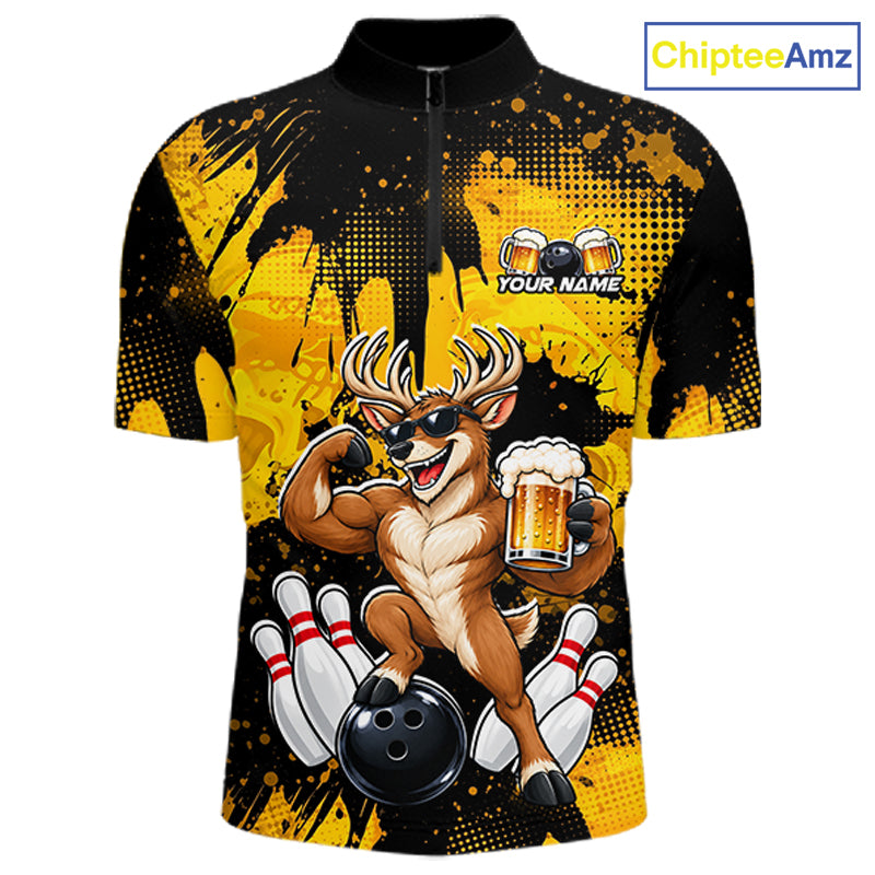 Custom Funny Deer With Beer Bowling Team Shirts for Men Bowling Outfit Polo & 1/4 Zip HNT571