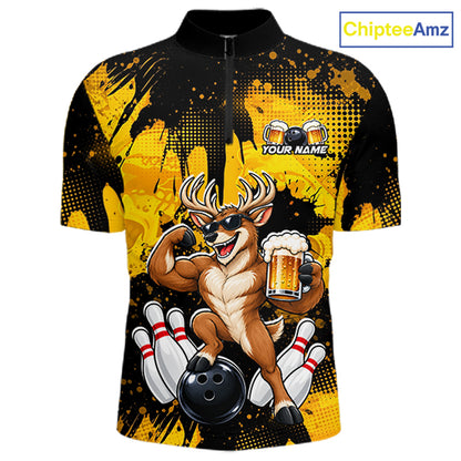 Custom Funny Deer With Beer Bowling Team Shirts for Men Bowling Outfit Polo & 1/4 Zip HNT571