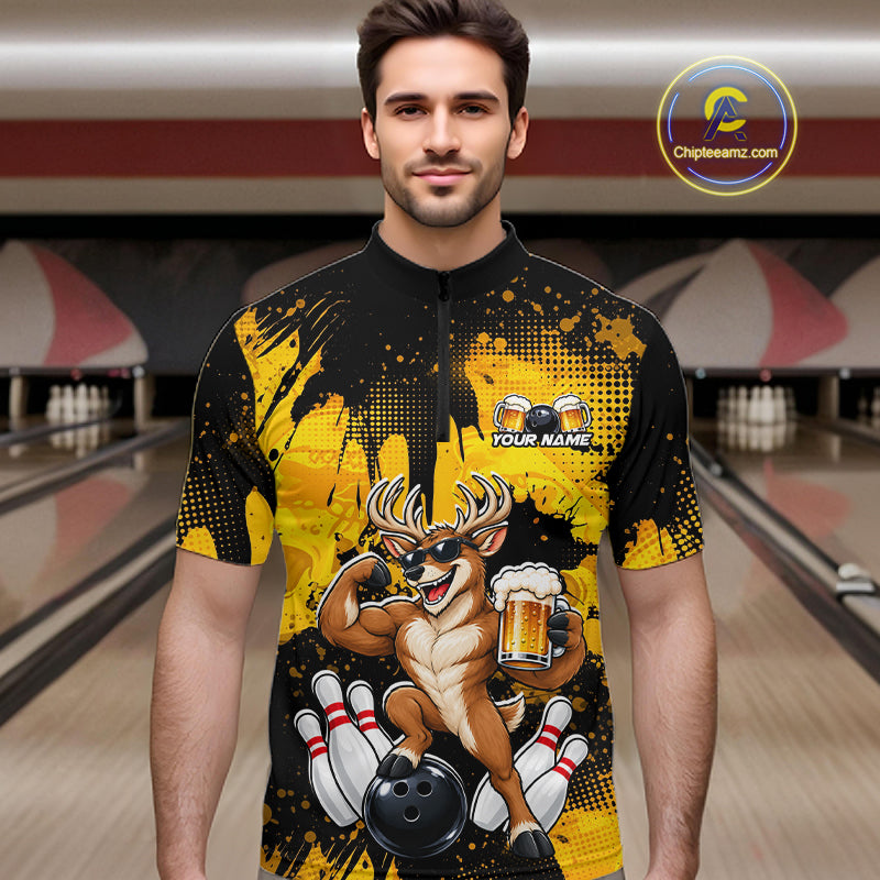 Custom Funny Deer With Beer Bowling Team Shirts for Men Bowling Outfit Polo & 1/4 Zip HNT571