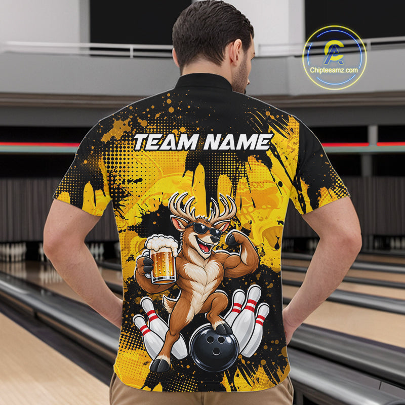 Custom Funny Deer With Beer Bowling Team Shirts for Men Bowling Outfit Polo & 1/4 Zip HNT571