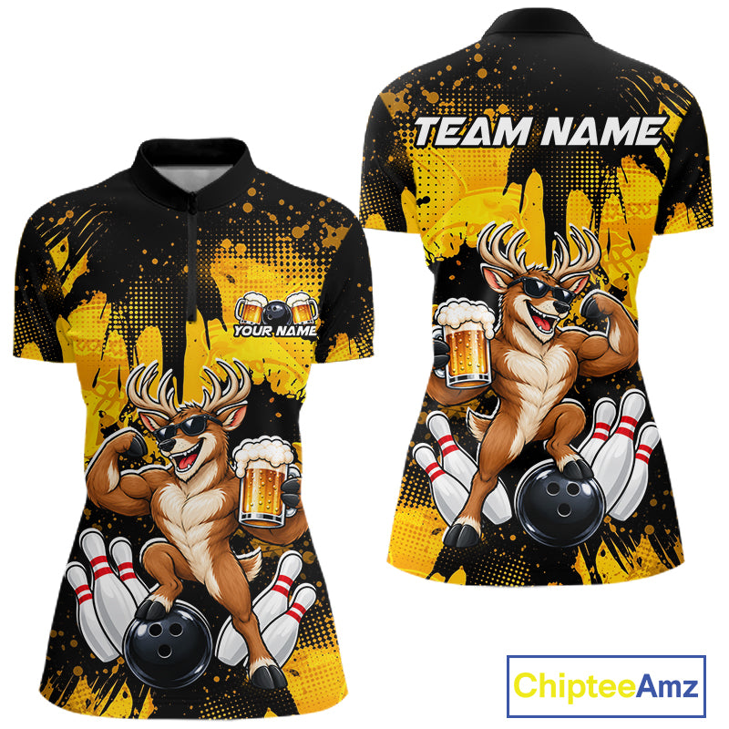 Custom Funny Deer With Beer Bowling Team Shirts for Women Bowling Outfit Polo & 1/4 Zip HNT571