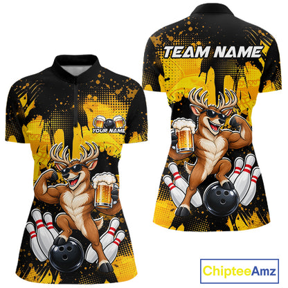 Custom Funny Deer With Beer Bowling Team Shirts for Women Bowling Outfit Polo & 1/4 Zip HNT571