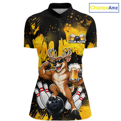 Custom Funny Deer With Beer Bowling Team Shirts for Women Bowling Outfit Polo & 1/4 Zip HNT571