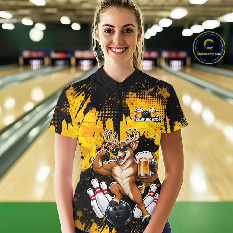 Custom Funny Deer With Beer Bowling Team Shirts for Women Bowling Outfit Polo & 1/4 Zip HNT571