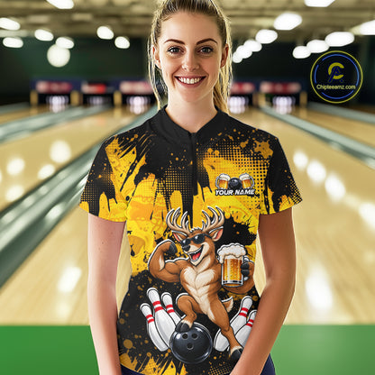 Custom Funny Deer With Beer Bowling Team Shirts for Women Bowling Outfit Polo & 1/4 Zip HNT571