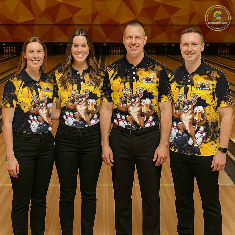 Custom Funny Deer With Beer Bowling Team Shirts for Men Bowling Outfit Polo & 1/4 Zip HNT571