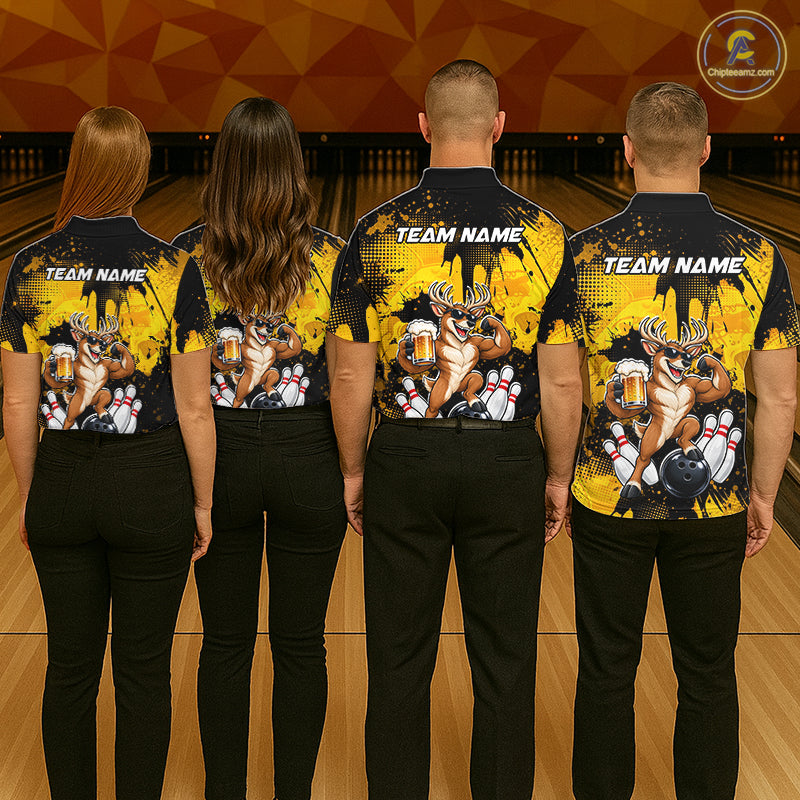 Custom Funny Deer With Beer Bowling Team Shirts for Men Bowling Outfit Polo & 1/4 Zip HNT571