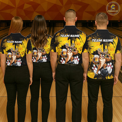 Custom Funny Deer With Beer Bowling Team Shirts for Women Bowling Outfit Polo & 1/4 Zip HNT571