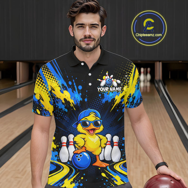 Custom Blue And Yellow Funny Duck Bowling Team Shirts for Men Bowling Tournament for Bowler HNT643
