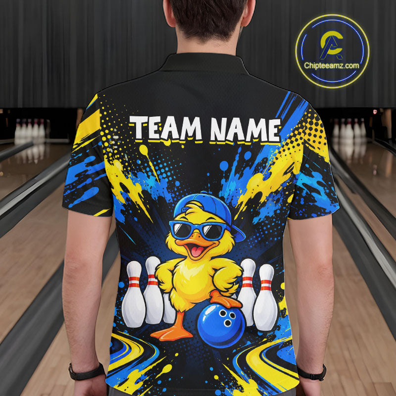 Custom Blue And Yellow Funny Duck Bowling Team Shirts for Men Bowling Tournament for Bowler HNT643