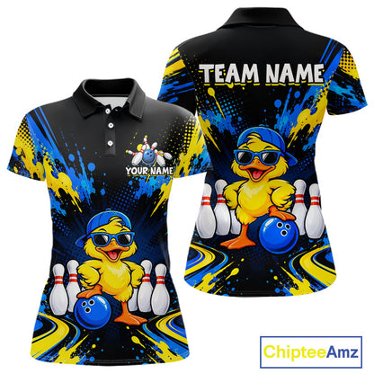 Custom Blue And Yellow Funny Duck Bowling Team Shirts for Women Bowling Tournament for Bowler HNT643