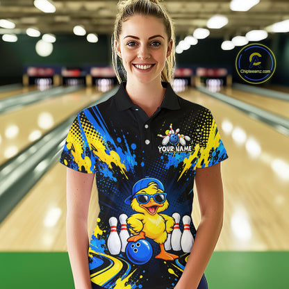 Custom Blue And Yellow Funny Duck Bowling Team Shirts for Women Bowling Tournament for Bowler HNT643