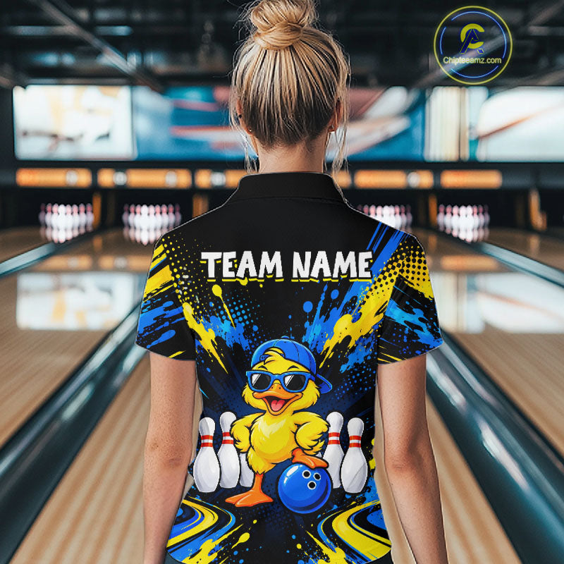 Custom Blue And Yellow Funny Duck Bowling Team Shirts for Women Bowling Tournament for Bowler HNT643