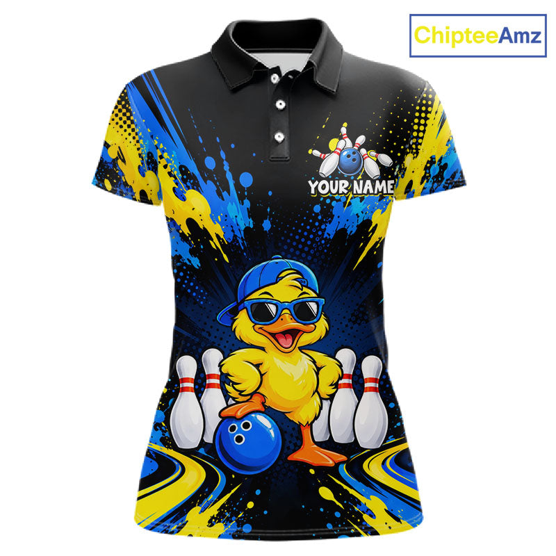 Custom Blue And Yellow Funny Duck Bowling Team Shirts for Women Bowling Tournament for Bowler HNT643