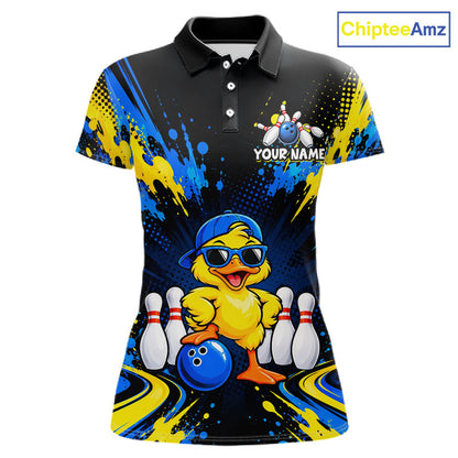 Custom Blue And Yellow Funny Duck Bowling Team Shirts for Women Bowling Tournament for Bowler HNT643
