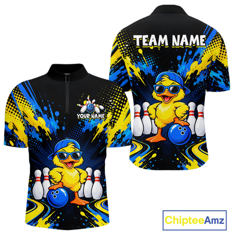 Custom Blue And Yellow Funny Duck Bowling Team Shirts for Men Bowling Tournament for Bowler HNT643