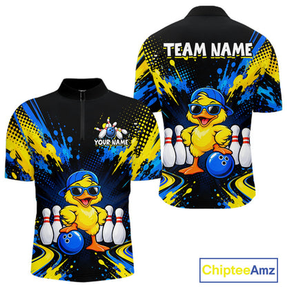 Custom Blue And Yellow Funny Duck Bowling Team Shirts for Men Bowling Tournament for Bowler HNT643