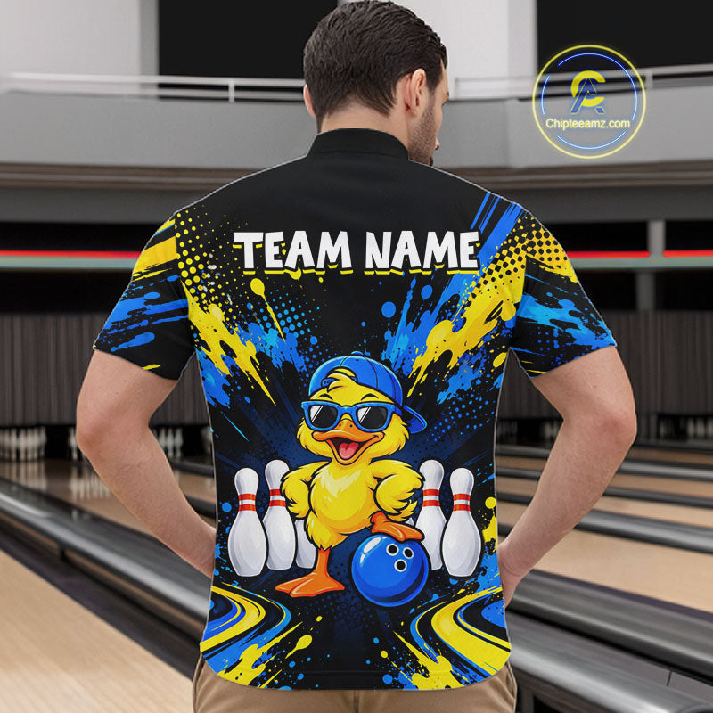 Custom Blue And Yellow Funny Duck Bowling Team Shirts for Men Bowling Tournament for Bowler HNT643