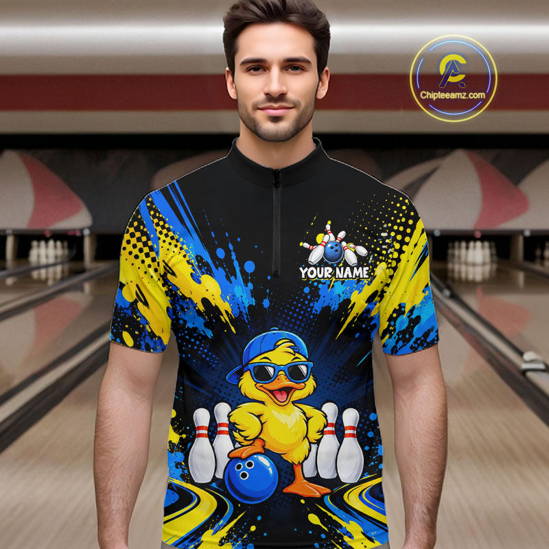 Custom Blue And Yellow Funny Duck Bowling Team Shirts for Men Bowling Tournament for Bowler HNT643