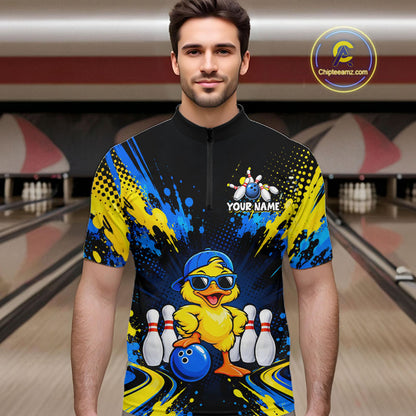 Custom Blue And Yellow Funny Duck Bowling Team Shirts for Men Bowling Tournament for Bowler HNT643