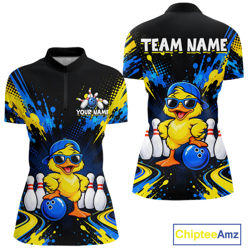 Custom Blue And Yellow Funny Duck Bowling Team Shirts for Women Bowling Tournament for Bowler HNT643