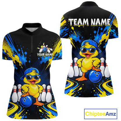 Custom Blue And Yellow Funny Duck Bowling Team Shirts for Women Bowling Tournament for Bowler HNT643