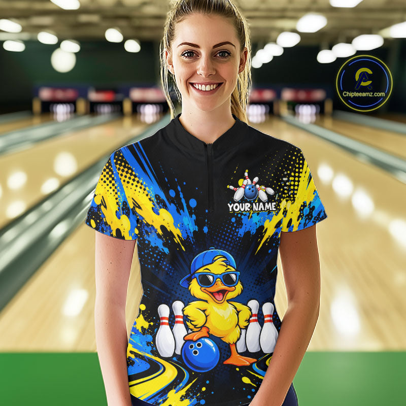 Custom Blue And Yellow Funny Duck Bowling Team Shirts for Women Bowling Tournament for Bowler HNT643