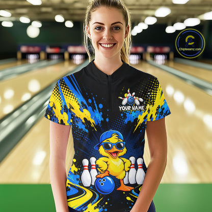Custom Blue And Yellow Funny Duck Bowling Team Shirts for Women Bowling Tournament for Bowler HNT643