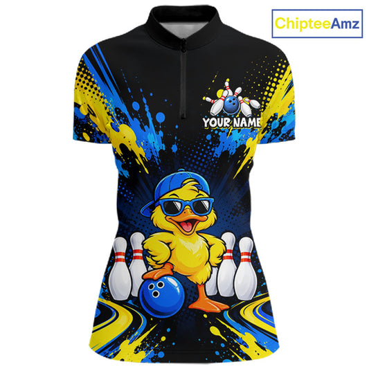 Custom Blue And Yellow Funny Duck Bowling Team Shirts for Women Bowling Tournament for Bowler HNT643